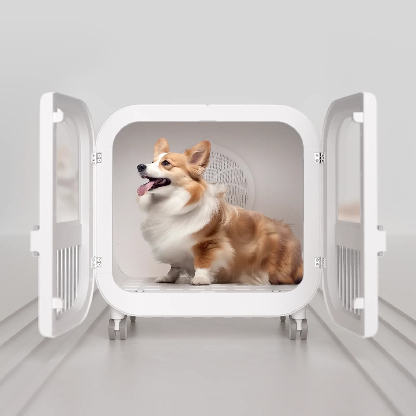 Corgi inside Miaulo Breeze 135 with both doors open